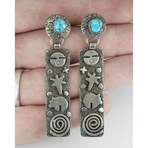 Alex Sanchez -‎ Navajo Sterling Silver Petroglyph Turquoise Dangle Drop Earrings